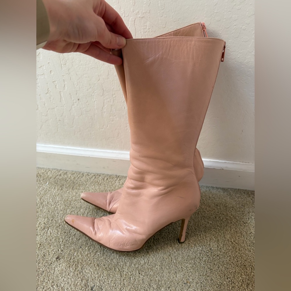 Women's Pointed-Toe Mid-Calf Leather Boots in Blush Pink
